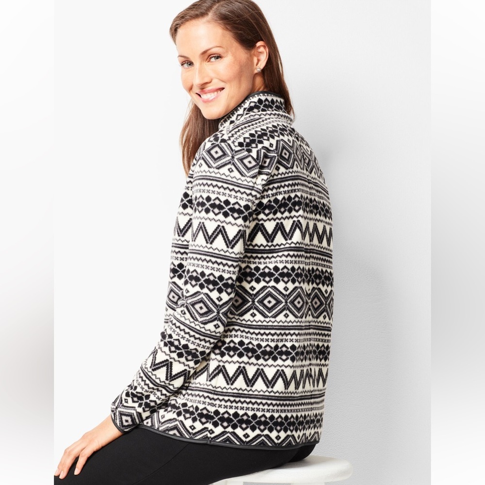 Talbots GEO-PRINT FAIR ISLE POLAR FLEECE JACKET Size Medium - Black and White - Picture 2 of 11